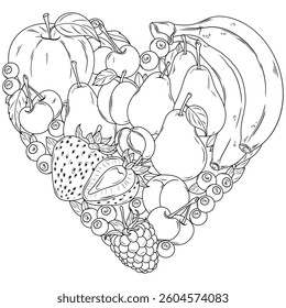 Heart made of fruit.Coloring book antistress for children and adults. Illustration isolated on white background.Zen-tangle style. Hand draw
