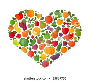 Heart Made Of Fruits And Vegetables. Vector Illustration