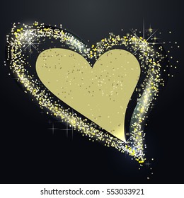 Heart made of glitter. Festive burst in black night background. Magic lig effects. Shimmering Stars. Neon glow, sparkle, glitter, splash. Good for holidays, Valentine's Day.