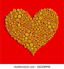 heart made of golden gear wheels on red background