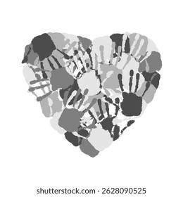 Coração feito de impressões de mãos cinza. Vetor desenhado à mão. Trabalho em equipe com banner vetorial, impressões de mãos. Conceito de solidariedade, fundo para o design do seu site, aplicativo, IU. Eps 10 