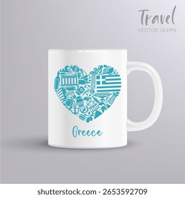 Coração feito de ícones gregos em estilo de vetor azul plano com maquete caneca. Ótimo para impressões de viagem, lembranças e projetos de cultura grega.