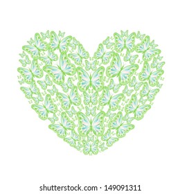 Heart made of green butterflies isolated on white