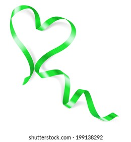 Heart made of green ribbon on white background.