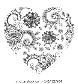 Heart made of  hand drawn elegant  paisley elements. For romantic  design,  greeting cards. Black and white.