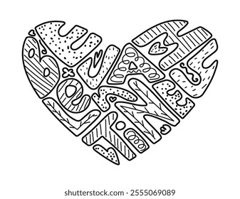 Heart made of hand drawn lettering. Be my Valentine coloring. Outline letters design is playful, featuring various patterns and textures to enhance its charm.