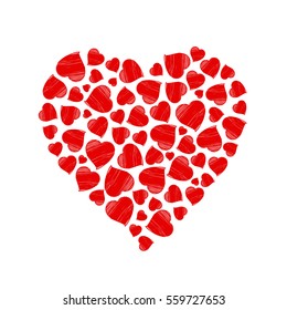 Heart made of hand drawn red hearts.
Vector illustration.