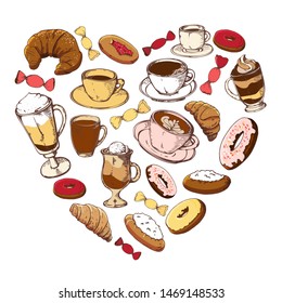 Heart made of  hand drawn  tasty desserts and different types of coffee: glace, latte, mocha, cappuccino, raf coffee, americano, espresso.  Template for greeting cards or cafe menu isolated on white.