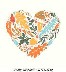 Heart made of hand-drawn leaves.Vector illustration