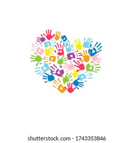 Heart made of the handprints of father, mother and children. Colorful handprints on white background. Vector illustration for your holiday