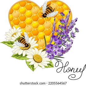 Heart made of honeycombs in illustration.Colored vector illustration with bees, lavender, daisies and a honeycomb heart on a transparent background.