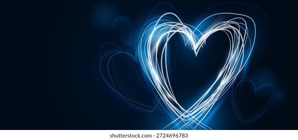 Ein Herz aus Linien ist auf dunkelblauem Hintergrund dargestellt. Das Herz ist von einem blau-weißen Farbverlauf umgeben, der ihm ein Gefühl von Tiefe und Bewegung verleiht. Das Bild vermittelt ein Gefühl von Liebe und Wärme