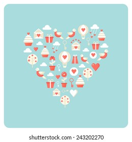 Heart Made of Love and Valentine Day Symbol Icons