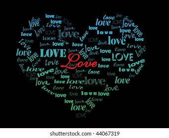 heart made of love word, on black background, valentine vector illustration