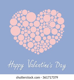 Heart made from many round dots. Love card. Happy Valentines day. Flat design Rose quartz serenity color. Vector illustration