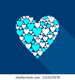 Heart made up of many white and cyan hearts of different sizes. Vector icon on blue background with long blue shadow.