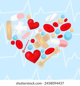 Heart made of medical elements and tablets.