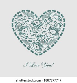 Heart made from moto elements. Engine, motorcycle handlebars, pistons. Template for postcards, flyers, banners.