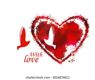 Heart made of multi-colored bright colored blots. With love. Postcard. Mixed media. Birds in love. Vector illustration