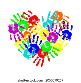  Heart made of multicolored handprints. Children art. Vector hand-drawn illustration.