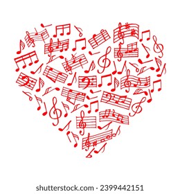 Corazón hecho de notas musicales y arcos tribles. Imprimir, ilustración, vector