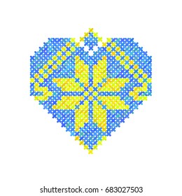 Heart made Ornament of a Cross-stitch, Yellow and Blue color, Vector Illustration