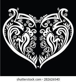 Heart made out of swirls tattoo inspired white on black background 
