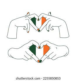 heart made of palms, hands, fingers, flag of ireland, thematic illustration, st patrick's day