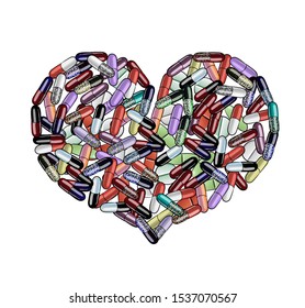Heart made of pills, vector illustration isolated on white