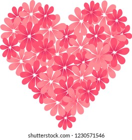 Heart made up of pink and dark pink flowers. Without background.