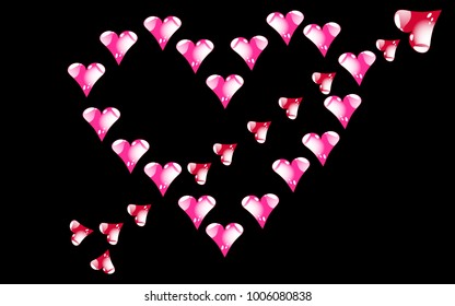 A heart made of pink hearts rustled with an arrow of the Cupid. Blazing, bright, motley hearts with beautiful white highlights and reflections to the day of St. Valentine on a black background. Vector