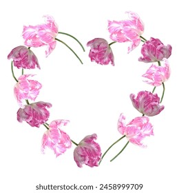 A heart made of pink tulips flowers. The flowers are arranged in a spiral pattern. The heart is surrounded by a white background