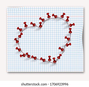 Heart made up of pins and red thread on a notebook sheet into a cage. Romantic illustration. Isolated vector