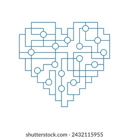 Heart made from printed linear circuit board. Vector geometric logo
