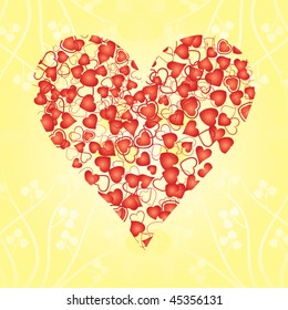 Heart made from red hearts on yellow background, vector illustration