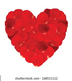 Heart made from red petals isolated on white. Vector illustration