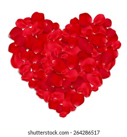  heart made from red rose petals isolated on white background