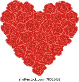 Heart made from red roses isolated on white background