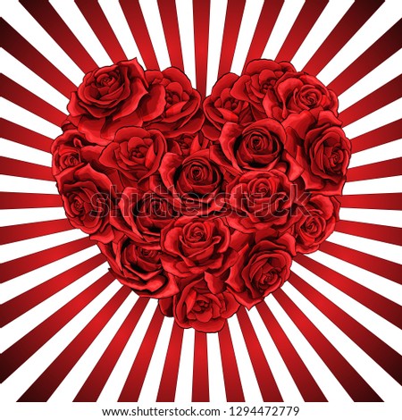 Heart made of red roses in photorealistic detailed style, clean vector for valentines day or romantic event, for wedding invitation card or banner, on red and white beam lines background