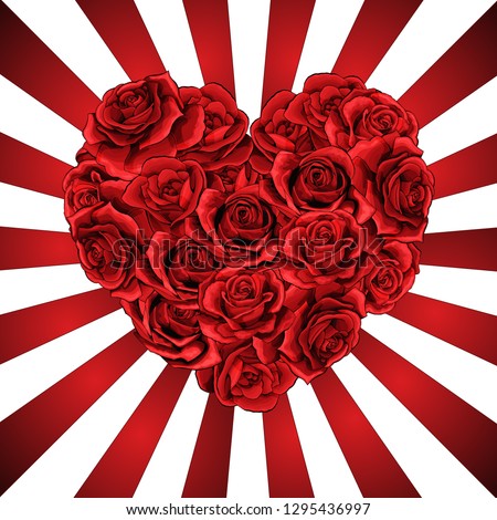 Heart made of red roses in photorealistic detailed style, clean vector for valentines day or romantic event, for wedding invitation card or banner, on red and white beam lines background