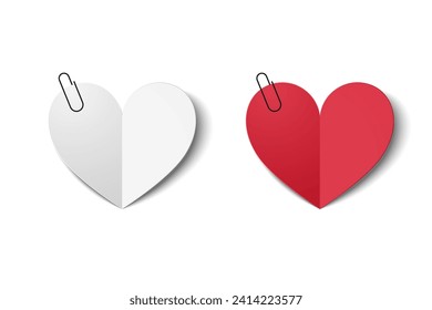 Heart made of red and white paper. origami. Isolated with shadow on a white background. Paper valentines on paper clips.