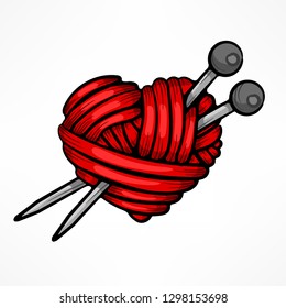 Heart made of red wool yarn with knitting needles on white, for Valentine�s Day. Vector illustration.