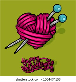 Heart made of red wool yarn with knitting needles, for Valentine Day. Vector illustration.