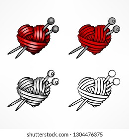 Heart made of red wool yarn with knitting needles set on white, for Valentine Day. Vector illustration.