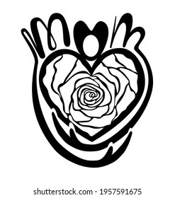 Heart made of rose, held by hands, it says mom, painted in black, file for cutting. Illustration isolated on white background