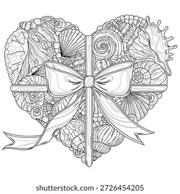 Corazón hecho de conchas de mar y arco. Libro para colorear antiestrés para niños y adultos. Ilustración aislada sobre fondo blanco. Estilo de enredo zen. Dibujo a mano