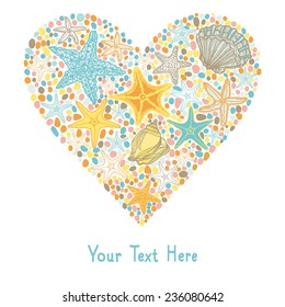 Heart made of seashell, starfish and color stones vector illustration 