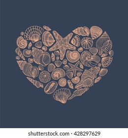 A heart made of seashells, dark background. Free hand drawing, sketch style