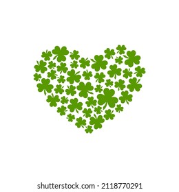 Heart made of shamrock  clover leaves. Vector illustration isolated on white.  St Patrick day card. Irish symbol.