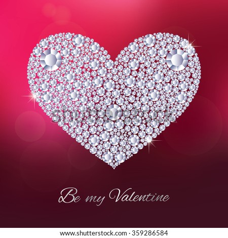 Heart, made with shiny diamonds. Isolated on the red blurred background. Valentines day love card. Vector illustration.